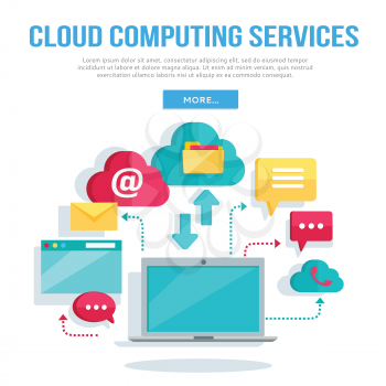 Cloud computing services banner. Networking communication and data icons near laptop. Data protection, global storage service and online cloud storage, security and privacy, online communication