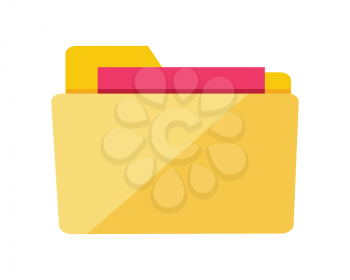 Folder icon isolated on white. Yellow web folder sign with documents. Interface of button for data storage. Multimedia archive. Information saver. Folder for web documents. Vector in flat style design