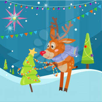 Deer in blue scarf decorating christmas tree on snowy background. Funny reindeer prepares for the New Year Eve. Cute mammal character decorates fir tree with garland in flat style. Vector illustration