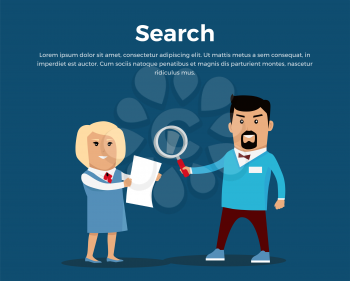 Searching concept banner. Flat design. Information searching vector. Picture for web design, data processing illustrating. Man with magnifier and woman with document standing on blue background.