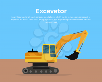 Excavator vector banner. City building flat design concept. Construction machine in career. Extraction, transport, moving materials, earthworks illustration for advertise, infographic, web design.