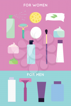 Elements for girls and boys face wash. Face washing, shaving and makeup accessories. Decorative cosmetics. Instruments for person to take care about look. Part of series of face care. Vector