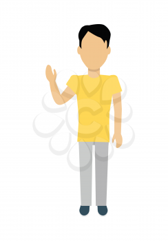 Male character without face in yellow t-shirt vector in flat design. Man template personage figure illustration for concepts, mobile app pictogram, logos, infographic. Isolated on white background.