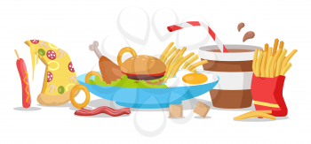 Tasty fast food banner. French fries, hot dog, pizza, cola, hamburger, fried eggs, chicken leg, bacon, cereals. Different fast food products on table. Fast food menu Vector illustration