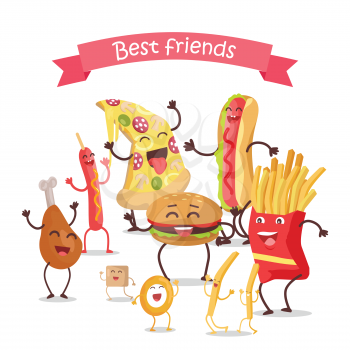 Best friends, food banner. Happy fast food cartoon characters rejoice and dance. French fries, hot dog, pizza, cola, hamburger, fried eggs, chicken leg and bacon cartoon characters. Animated food.