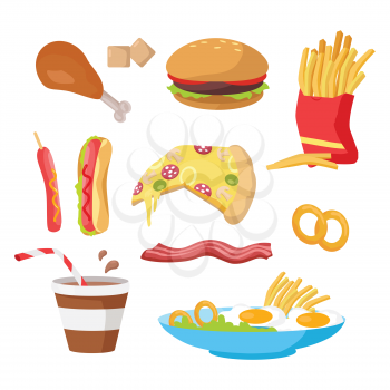Tasty fast food set. French fries, hot dog, pizza, cola, hamburger, fried eggs, chicken leg, bacon, cereals. Different fast food products collection. Fast food icons Vector illustration