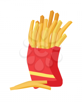 French fries icon. French fries in red fry box on white background. Potato chips. Bowl of french fries in flat. Vector illustration of delicious tasty fast food.