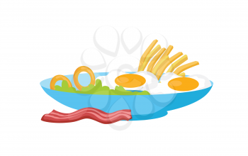 Fried eggs with bacon, fries and salad on the plate isolated on white. Traditional English breakfast. Two fresh cooked eggs with pork served on the dish. Nutrition food concept. Vector illustration