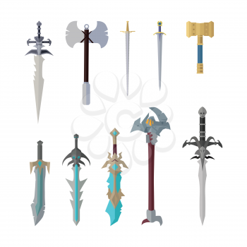 Set of fantastic game weapon vector models. Flat design. Fairy cold weapon collection, sword, hummer, ax illustrations for game industry concepts, icons and pictograms. Isolated on white background. 