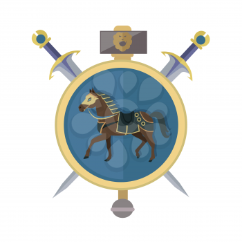 Brown horse in gold circle. Isolated avatar icon with swords. Steady strong horse. Stylized fantasy character. War concept. Part of series of game objects in flat design. Vector illustration.