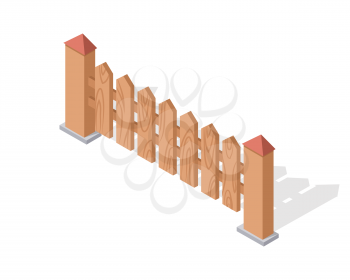 Wooden fence isolated on white. Gates and fences in flat style design. Isometric projection. Barrier for countryside yard. Wooden fence with columns. Fence made of wood icon. Vector illustration