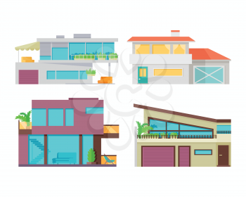 Set of houses, buildings and architecture variations isolated on white. Countryside or city architecture. Part of series of modern buildings in flat design style. Real estate concept. Vector