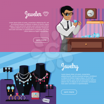 Set of jewelry vector web banners. Jewelry design and jeweler concepts in flat style. Man working with  precious stone. Jewelry shop showcase. Illustration for jewelry studio and store web page design