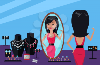 Client of jewelry store vector. Flat Design. Beautiful woman in gorgeous dress looking in mirror and trying on jewelry. Bracelet, necklace, earrings, ring on model. Illustration for jewelry store ad