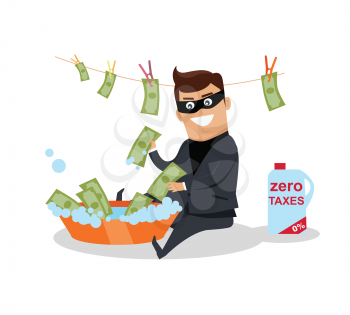 Money laundering concept vector. Flat design. Financial crime, tax evasion, money laundering, political corruption illustration. Man in a business suit, in mask washes the money in bowl with water.