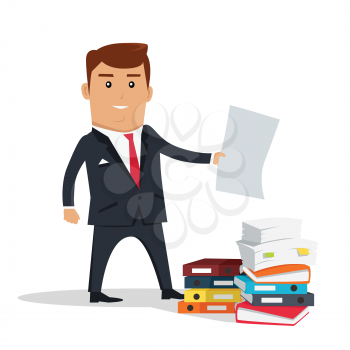 Male character with sheet of paper vector. Flat design. Man in business suit holding paper sheet near stack of documents and colorful binders. Office, paper work concept. Isolated on white background.