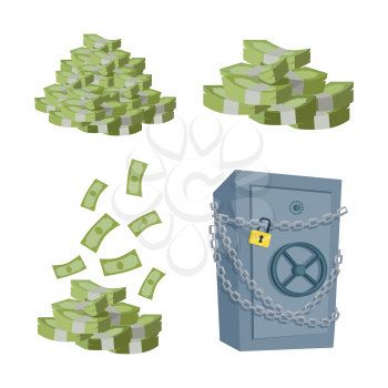 Accumulation and saving money vector concept. Set on money piles. Banknotes stack and safe in flat style design. Illustration for credit, savings, charitable concepts. Isolated on white background.