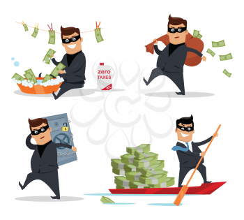 Set of money stealing concepts vector. Flat design. Financial crime, tax evasion, money laundering, corruption illustration. Man in a business suit, in mask washing, stealing, sail with money.