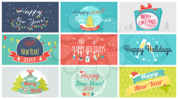 Winter holidays. Happy New 2017 Year and Merry Christmas flat vector concepts with ribbons, gifts, garlands, christmas tree toys, glasses of champagne, santa hat, snowflakes. For greeting cards design