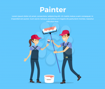 Painter concept vector. Flat design. Smiling couple, man and woman in protective clothing with brush and roller standing near a bucket of red paint. Repair room, housewarming, new home illustration.