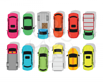 Multicolor cars isolated on white. City parking vector. Shortage parking spaces, transport boom concept. Large number of cars in parking. Urban infrastructure vector illustration in flat design.