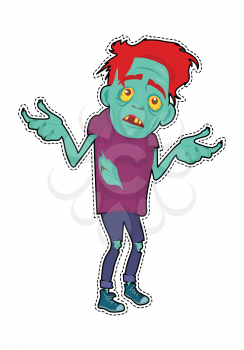 Zombie memphis character isolated on white. Fictional being hesitating. Zombie sticker with patch fashion pins. Horror fantasy concept. Halloween science fiction man in flat style. Vector
