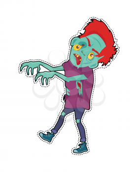 Zombie sticker with patch fashion pins character walking with stretched hands. Horror fantasy, Halloween undead creature in flat style. Science fiction cartoon illustration. Horror fantasy. Vector