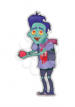 Scary zombie valentine. Dead man with grey skin, in torn clothes standing with tear out heart in hands, bouquet of flowers lying in a pool of blood vector. Fashion patch in cartoon 80s-90s comic style