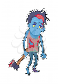 Scary zombie walking. Frightening dead man with blue skin, blood stains, dressed in tatter drags bloody ax flat vector. Horror character for Halloween. Fashion patch in cartoon 80s-90s comic style