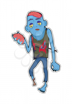 Scary zombie walking. Frightening dead man with armature in wound, blue skin, holding own brains in hand flat vector. Horror character for Halloween. Fashion patch in cartoon 80s-90s comic style