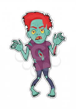Scary zombie walking. Frightening dead man with red hair, grey skin, blood stains, bones dressed in tatter flat vector. Horror character for Halloween. Fashion patch in cartoon 80s-90s comic style