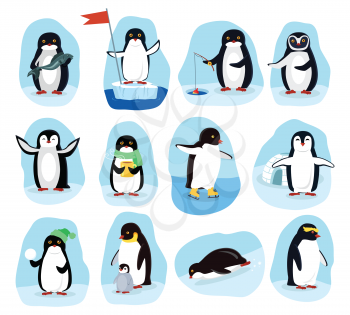 Penguins daily activities posters set. Fishing, medical aid, drinking coffee, nursering, playing. Funny polar winter birds banners greeting cards. Cartoon character wild penguin in flat style. Vector