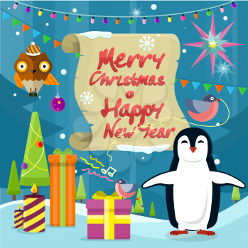 Merry Christmas and Happy New Year poster. Penguin near christmas presents on background with snow, fir trees, and new year garland. Winter holiday concept. Celebration holiday greeting card. Vector