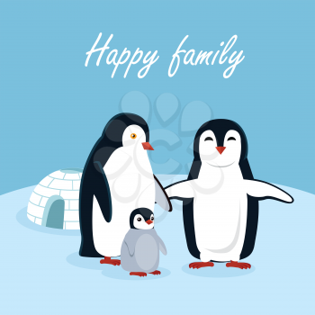 Happy family concept. Thee penguins, father, mother and child standing on snow near igloo flat style vector illustration. Arctic fauna. For zoo ad, winter holidays greeting cards, invitations design