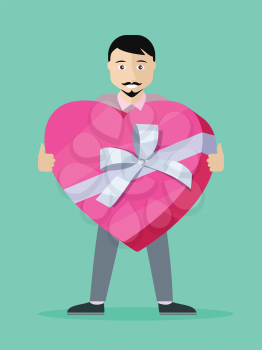 Giving present concept. Man standing with heart shaped gift box decorated ribbon and bow flat vector illustration isolated on green background. Birthday, valentine, christmas, mother s day celebrating