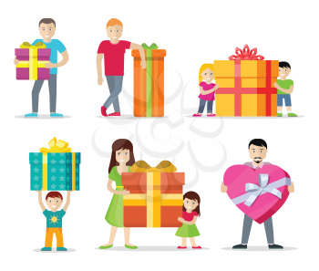 Happy peoples with presents. Smiling man, woman, kids, family standing with big gift box decorated ribbon and bow flat vectors isolated on white background. Birthday, valentine, christmas celebrating