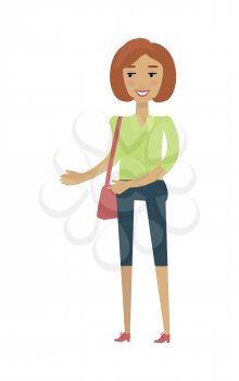 Young european woman in green blouse and blue breeches with leather bag. Caucasian beautiful girl. Attractive teenager lady in casual clothes. Part of series of people of the world. Vector illustratio