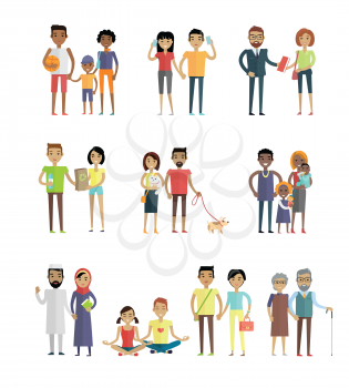 Smiling people characters set. Men and women, boys and girls in various poses with different objects in hands. Smiling young personages in flat design isolated on white background. Vector illustration