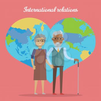 International relations. Travel in old age concept. Elderly couple going on journey. Grandparents with map in form of heart at background. Picture for travel agency ad, recreation retired illustrating