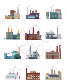 Set of industry manufactory building icons. Factories producing oil and gas, metals and rubber, energy and power. Destroying nature. Collection of eco friendly factories. Vector illustration