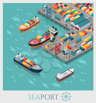 Isometric commercial sea port. Cargo sea port, container terminal, sea freight transportation, global transportation, cargo ships in harbor, unloading of cargo containers from container carrier.