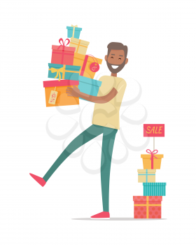 Buying gifts on sale. Smiling man standing with presents in color boxes with discounts percents on tags flat style vector isolated on white background. Holiday shopping in supermarket. For store ad