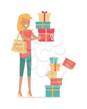 Buying gifts on sale. Smiling woman standing with presents in color boxes with discounts percents on tags flat style vector isolated on white background. Holiday shopping in supermarket. For store ad
