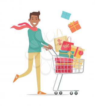 Buying gifts on sale. Smiling man carrying on shopping cart gift boxes with discount percents tags flat vector illustration isolated on white background. Holiday purchases in supermarket. For store ad