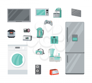 Home Appliances for cooking, washing, entertainment. Technique for housekeeping flat vector illustrations isolated on white background. Kitchen, gaming, music, electronic equipment set for stores ad