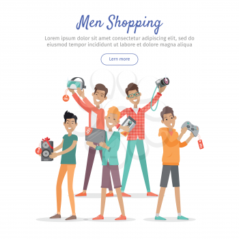 Man shopping web banner. Group of young happy males with diferrent electronics in hands purchased on sale flat vector illustration on white background. For stores discounts promotions landing page
