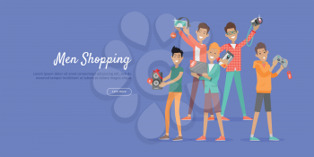 Man shopping web banner. Group of young happy males with diferrent electronics in hands purchased on sale flat vector illustration on blue background. For stores discounts promotions landing page