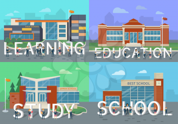 Learning. Education. Study. School. People with letters. Set of school buildings vector in flat design. Architectural variations. Public educational institution. Modern projects of establishments.