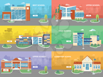 Set of school buildings in flat design. Architectural variations. Public educational institution. Various modern projects of educational establishments. School facades and yards. Vector illustration