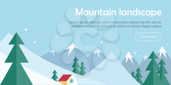 Mountain landscape web banner. Skiing scenery design. Extreme hills in snowy outdoor high mountains. Sport season environment. Winter holiday resort activity. Blue sky and crystal white snow. Vector